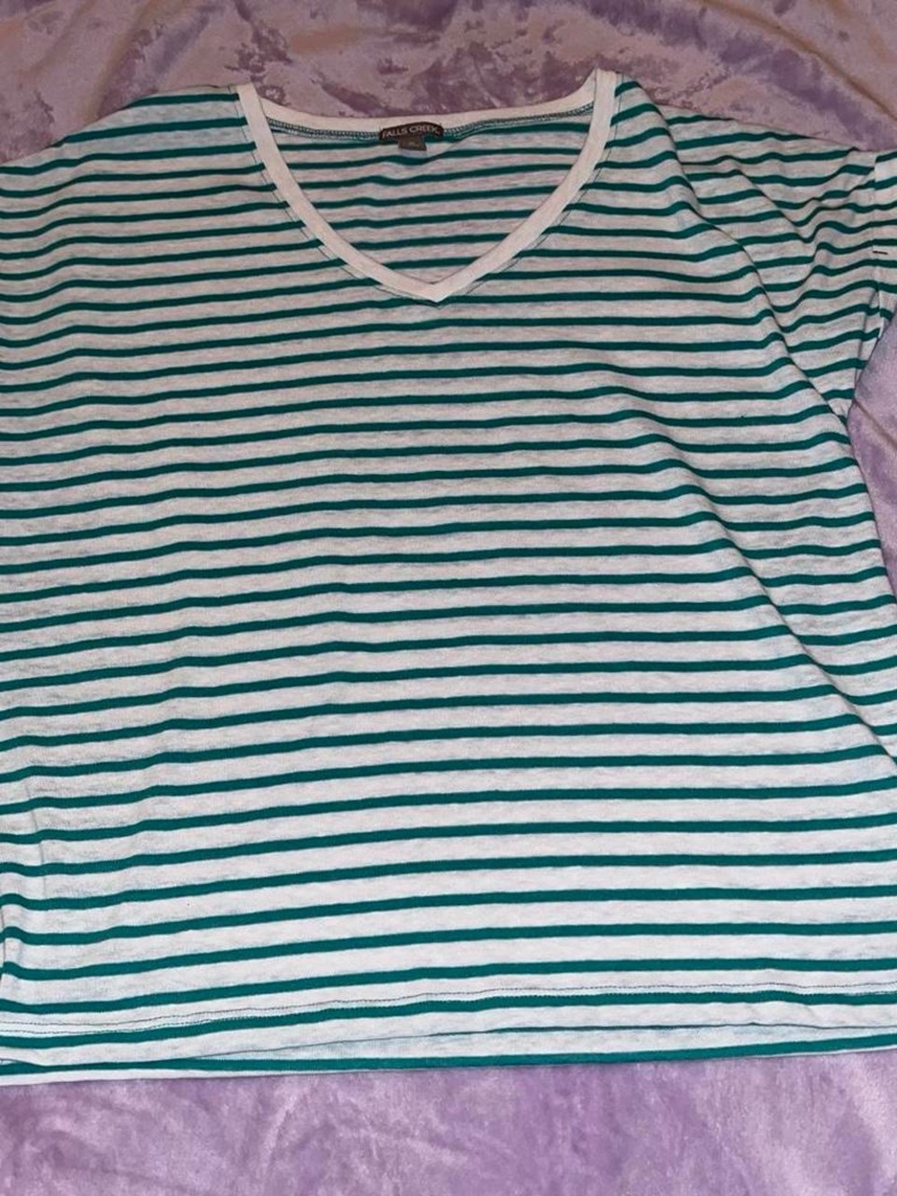 Falls Creek Girls' White & Teal Striped V-Neck Tee
